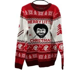 Bob Ross Merry Little Christmas Red Fair Isle Ugly‎ Cute Holiday Sweater Size L